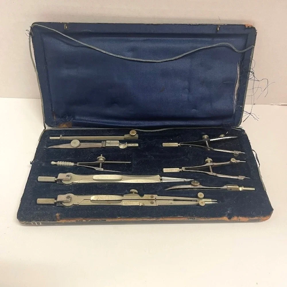Antique Drafting Tool Set Vintage‎ Compass Divider Ruling Pen Architectural Case